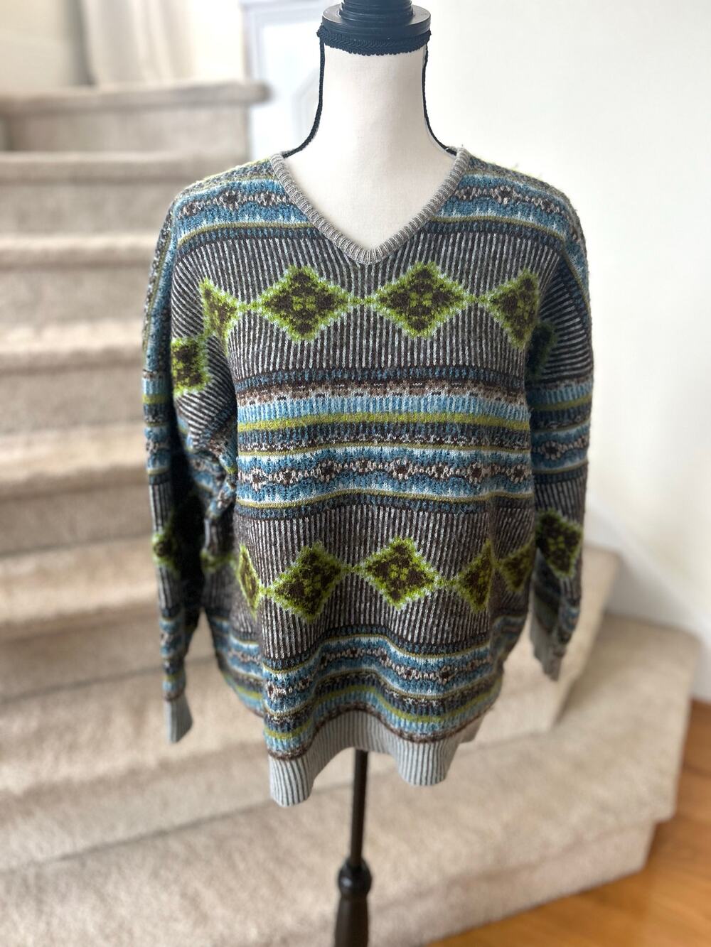 Oilily Blue Green Brown Fair Isle V-Neck Long Sleeve Cozy Sweater Gorpcore